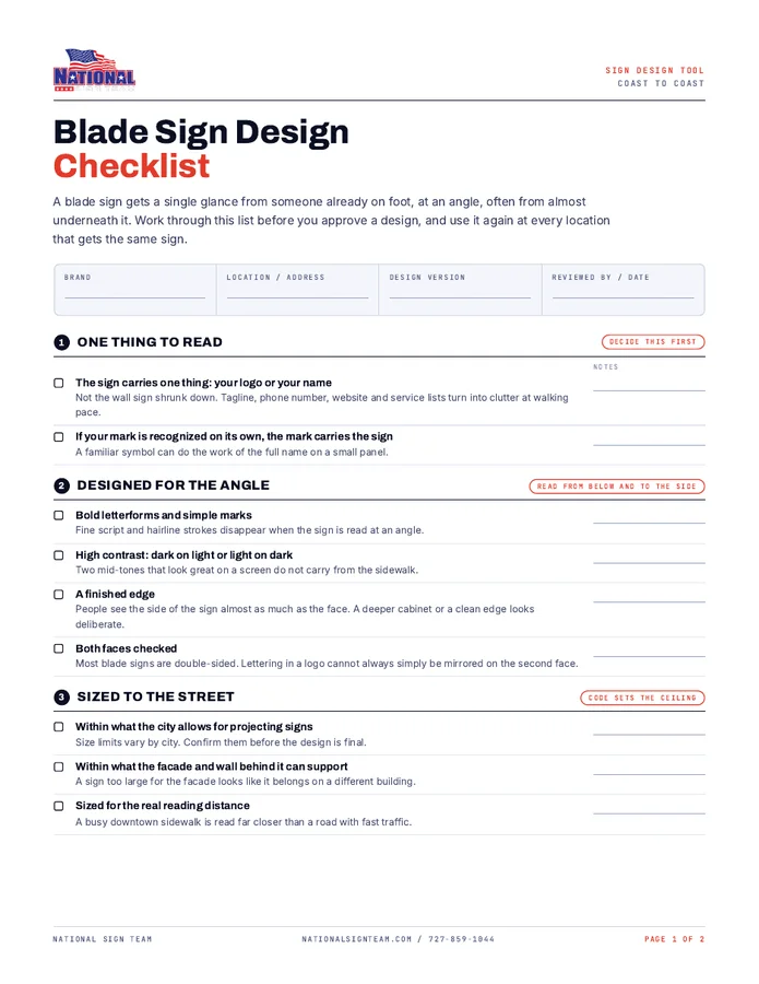 The first page of the National Sign Team Blade Sign Design Checklist