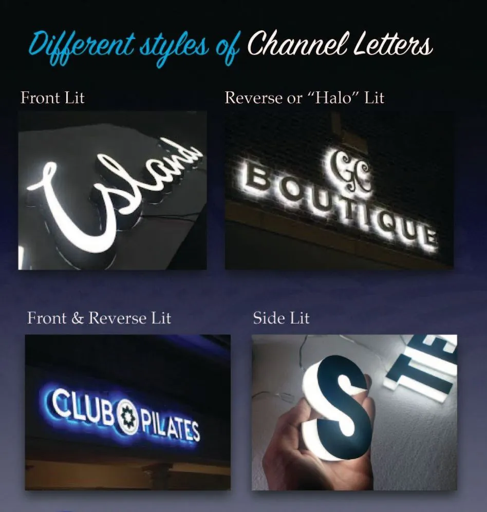A board showing face lit, halo lit and open face channel letter styles