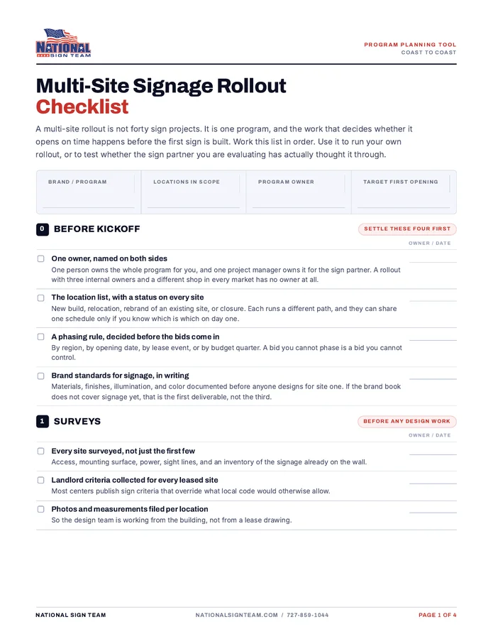 The first page of the National Sign Team Multi-Site Signage Rollout Checklist