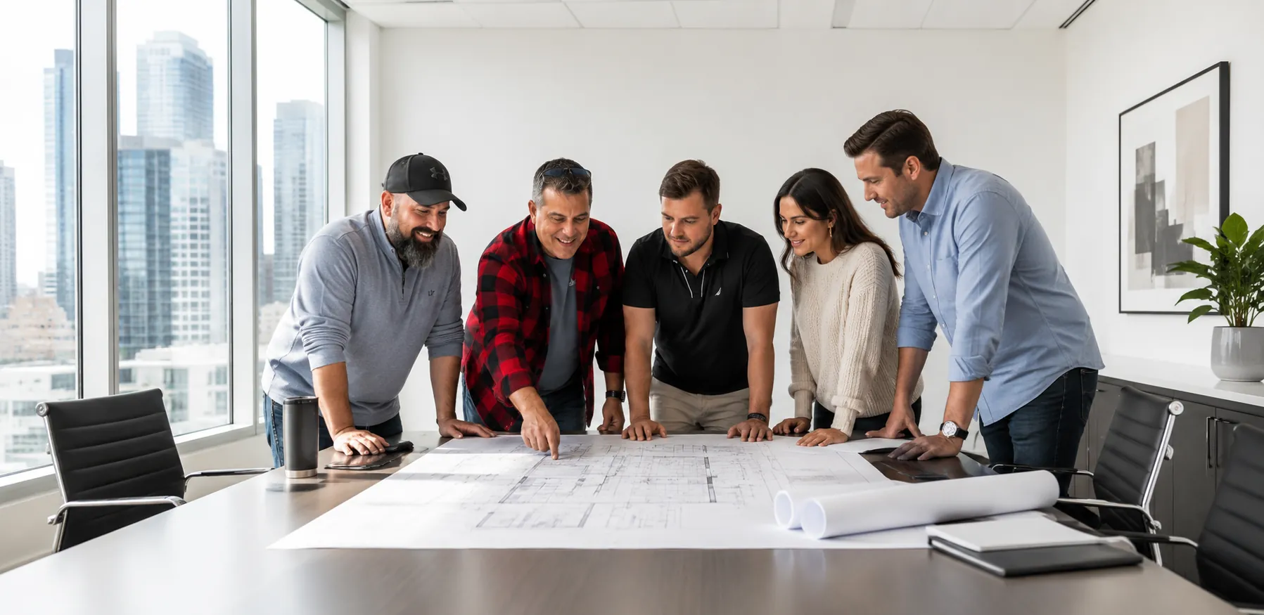 National Sign Team collaborating with a client over architectural plans