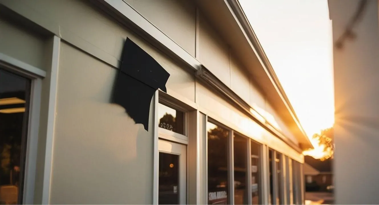A storefront with a remaining awning ready for removal at dusk