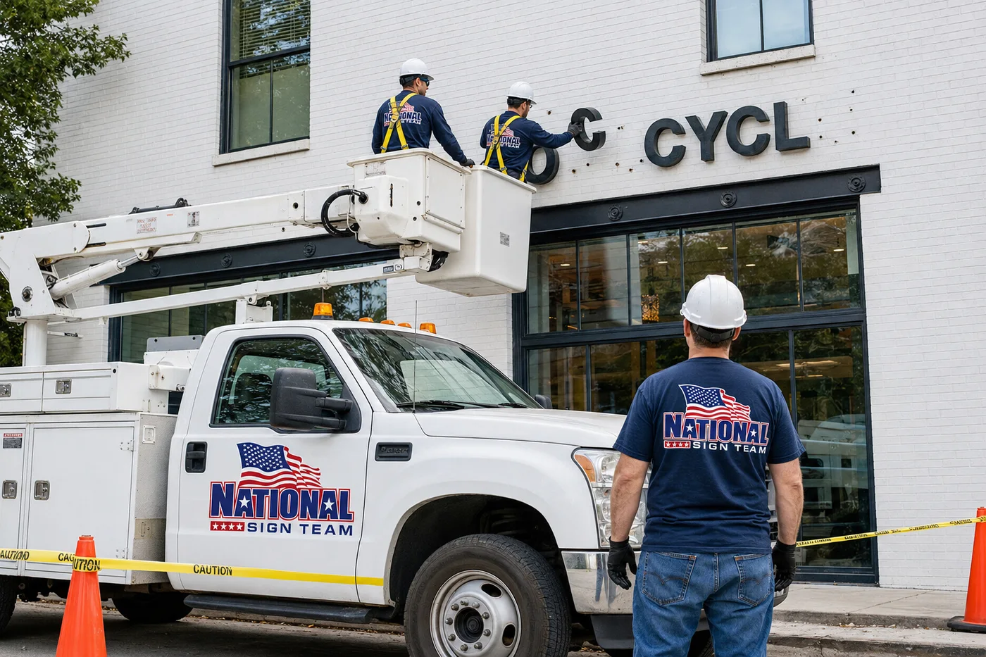 A National Sign Team crew removing storefront letters from a bucket truck