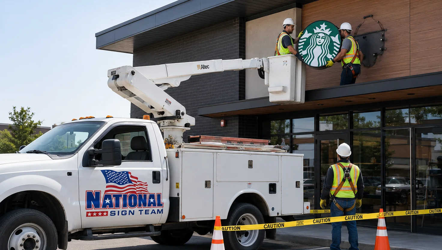 A National Sign Team crew removing a Starbucks sign from a storefront