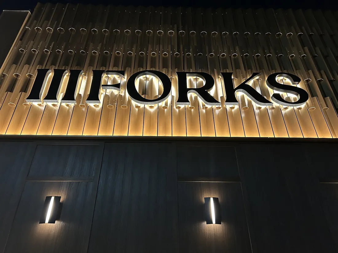 Dimensional letters lit at night