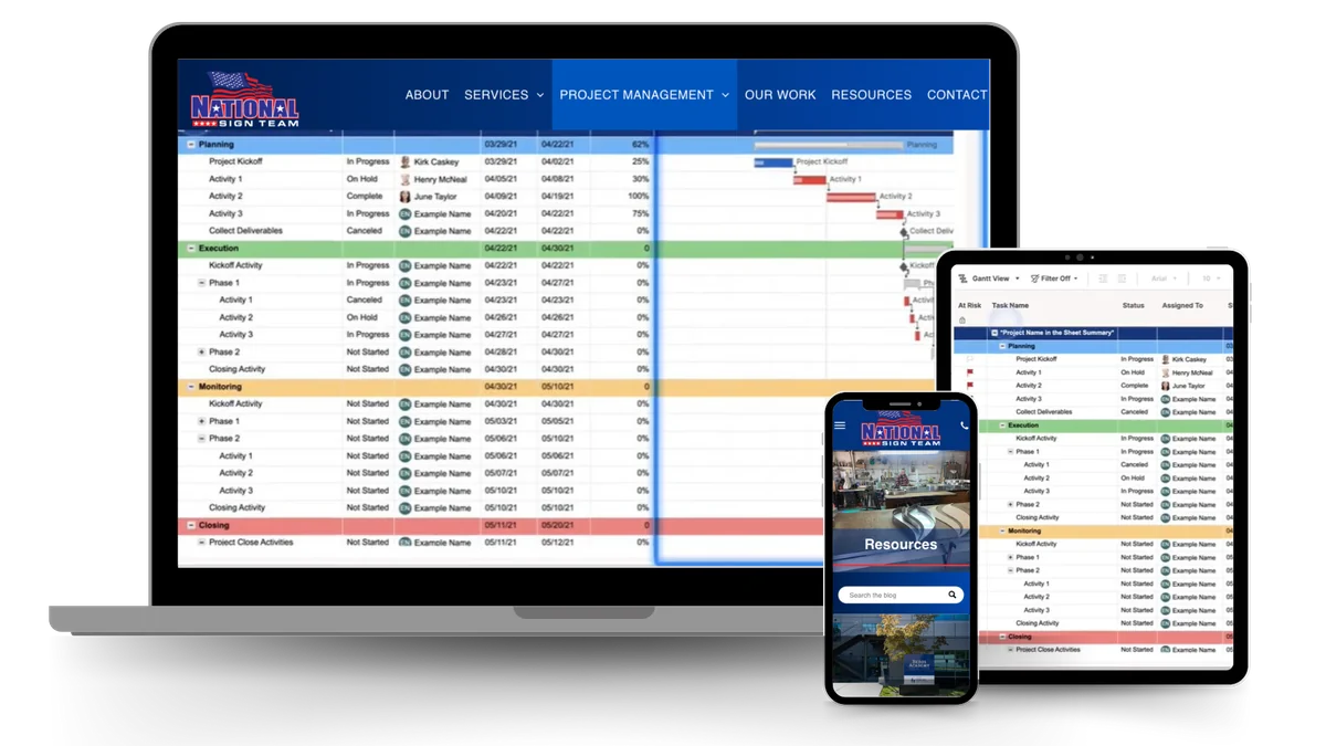 National Sign Team online project tracking shown on a laptop, tablet, and phone