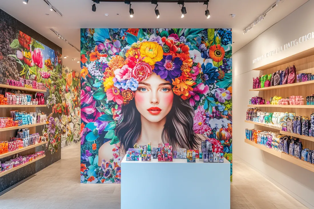A digitally printed wall graphic inside a retail space