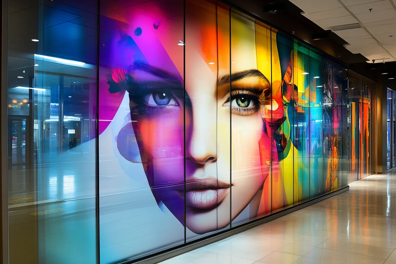 A colorful painting of a woman 's face on a glass wall.