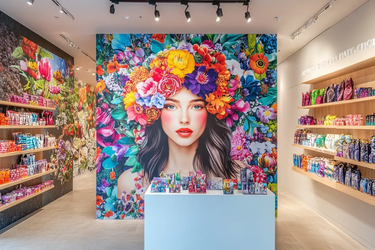 There is a painting of a woman with flowers in her hair.