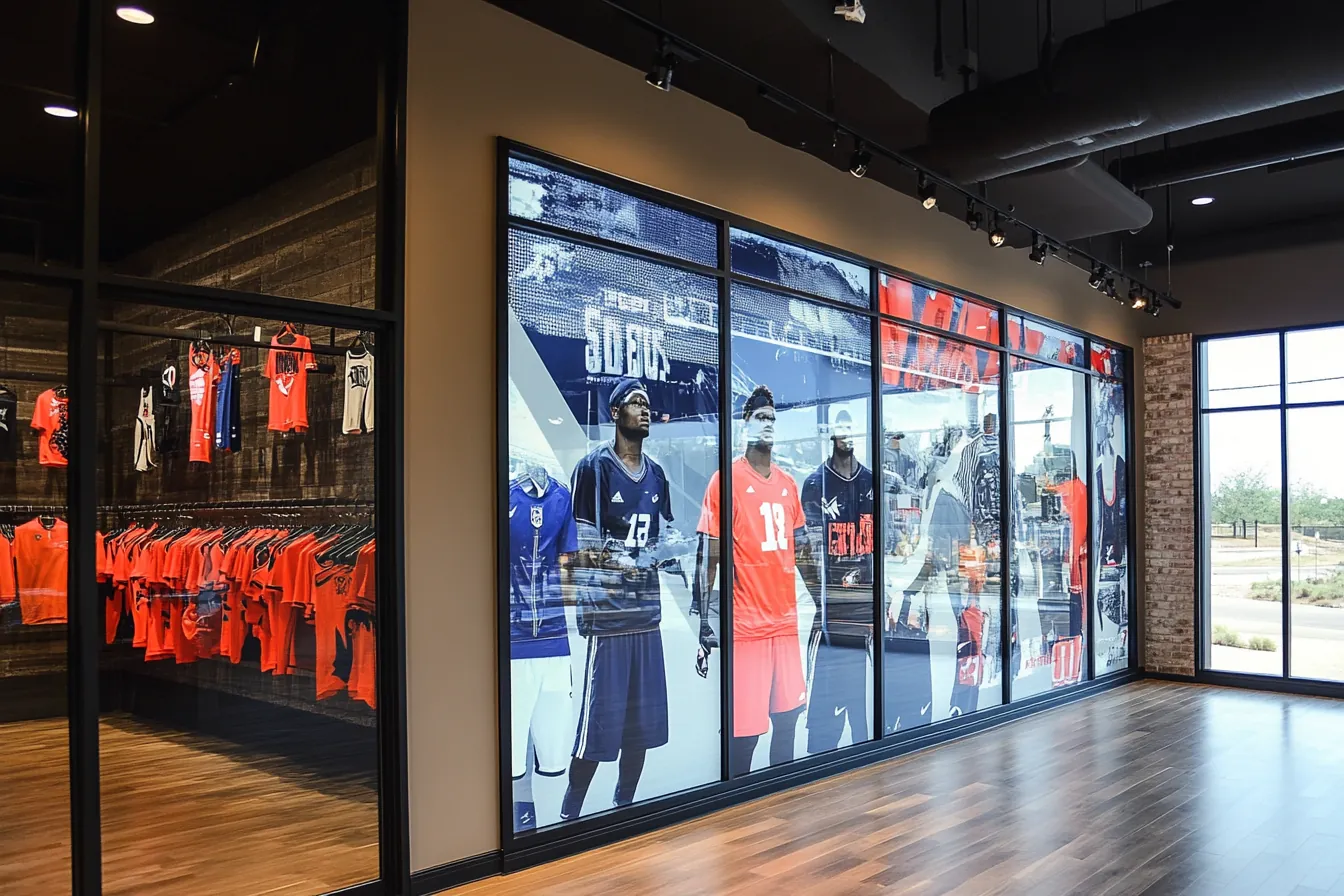 A large room with a lot of windows and a display of jerseys on the wall.