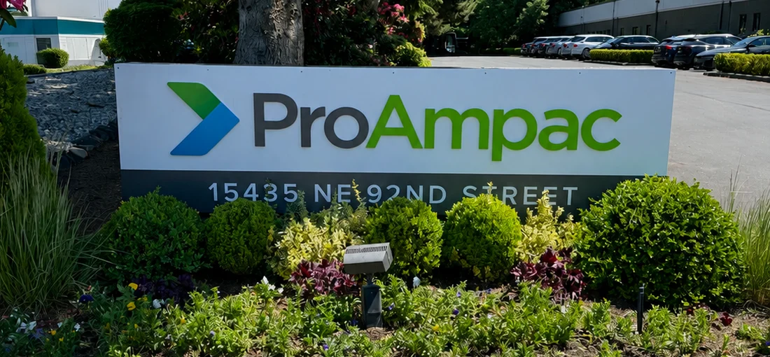 The same monument sign after the rebrand carrying the ProAmpac identity