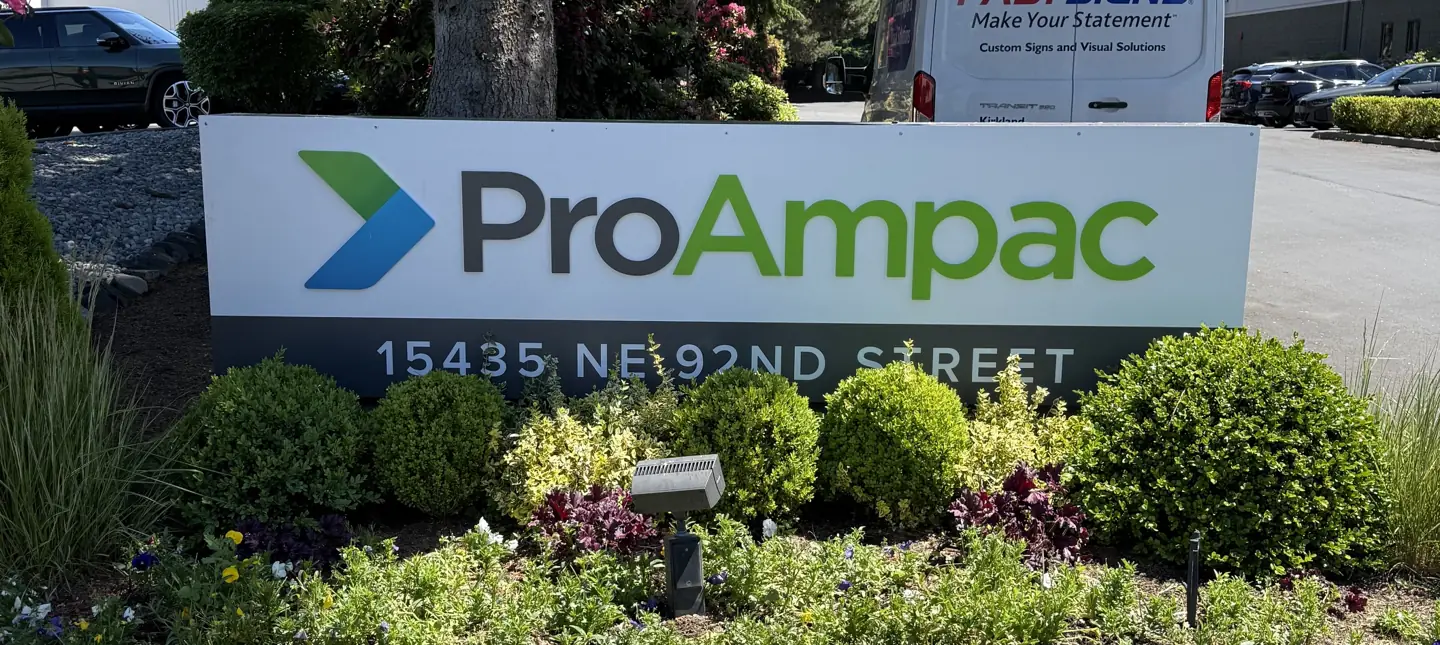 A ProAmpac monument sign at the entrance to their building